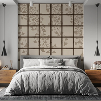 Fan-shaped ginkgo foliage over a cream shoji screen mural with dark lattice GD11495