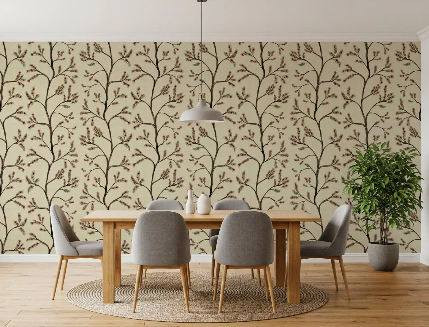 Asian Floral Branches on Antique Linen Wallpaper⁠