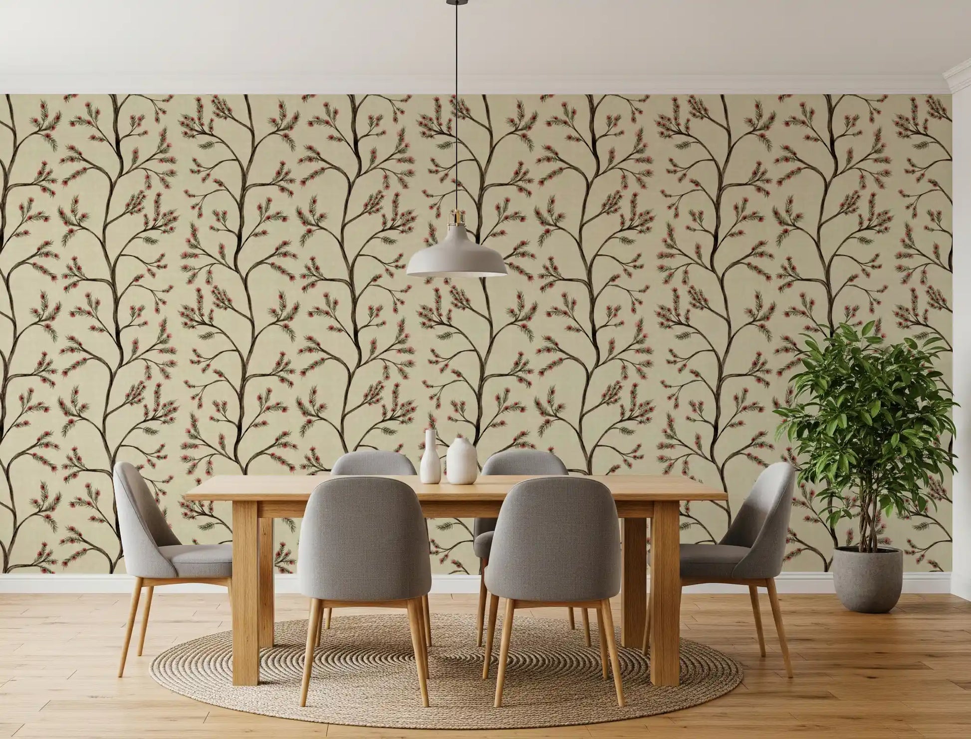 Asian Floral Branches on Antique Linen Wallpaper⁠