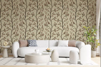 Asian Floral Branches on Antique Linen Wallpaper⁠