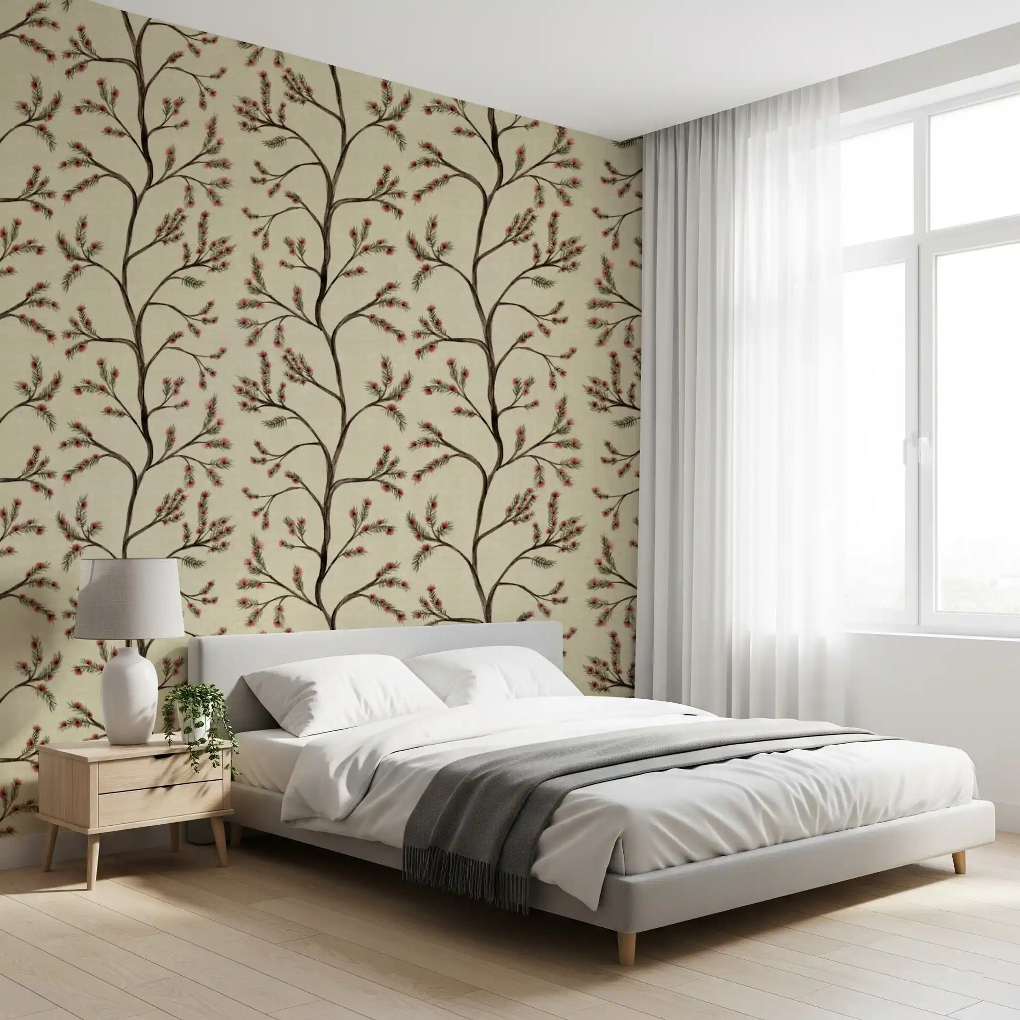 Asian Floral Branches on Antique Linen Wallpaper⁠