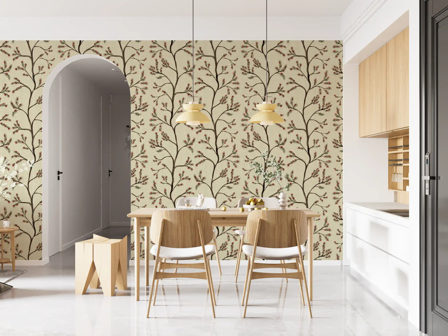 Asian Floral Branches on Antique Linen Wallpaper⁠