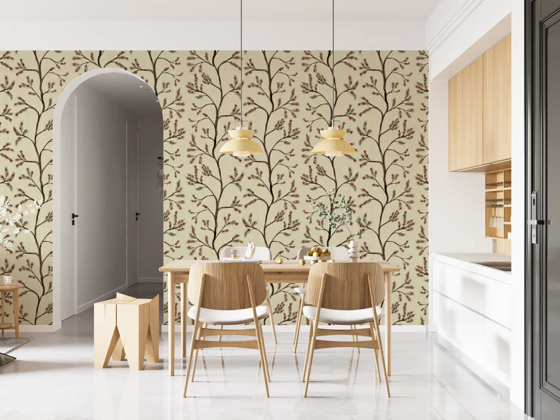Asian Floral Branches on Antique Linen Wallpaper⁠