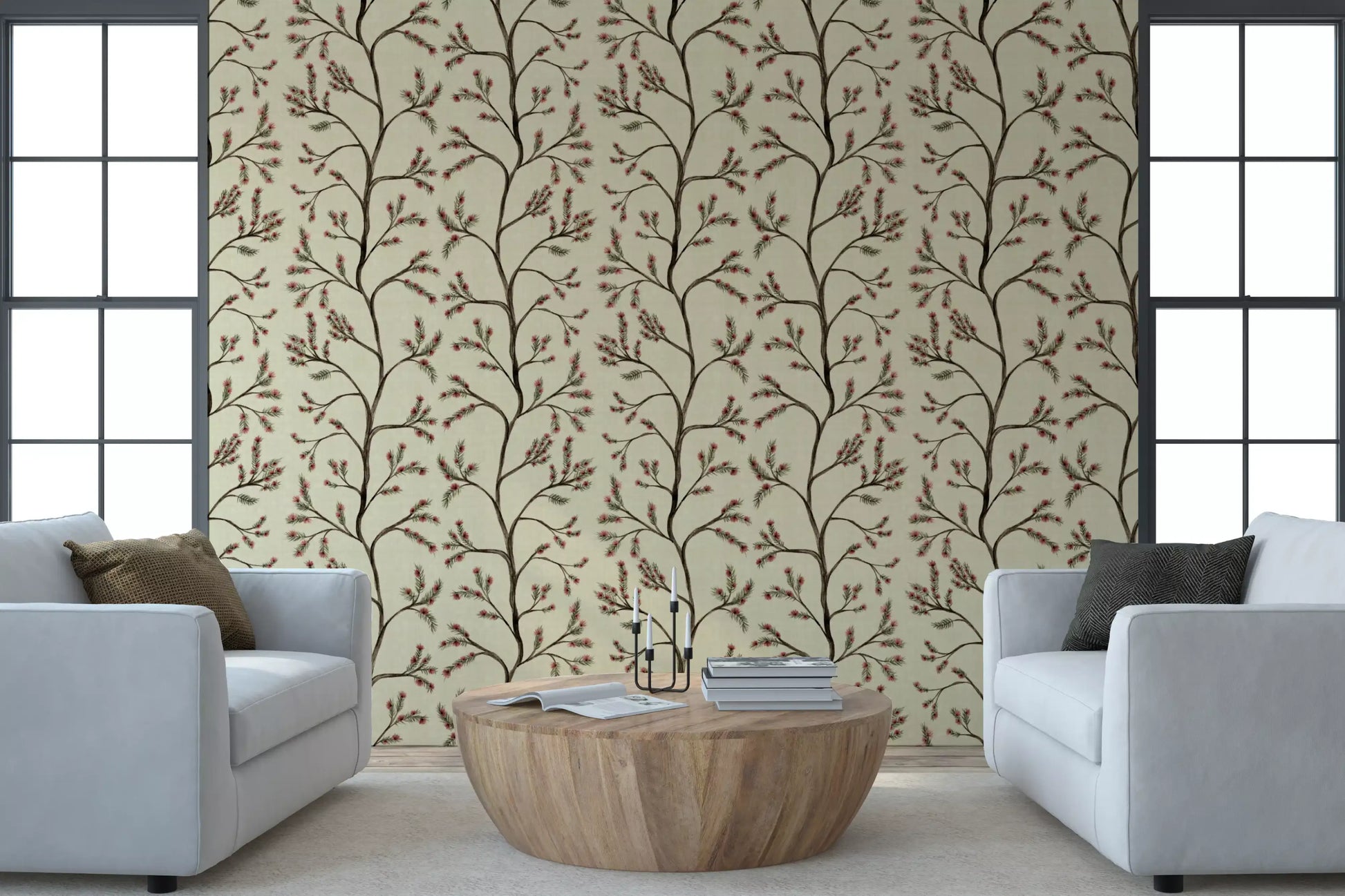 Asian Floral Branches on Antique Linen Wallpaper⁠