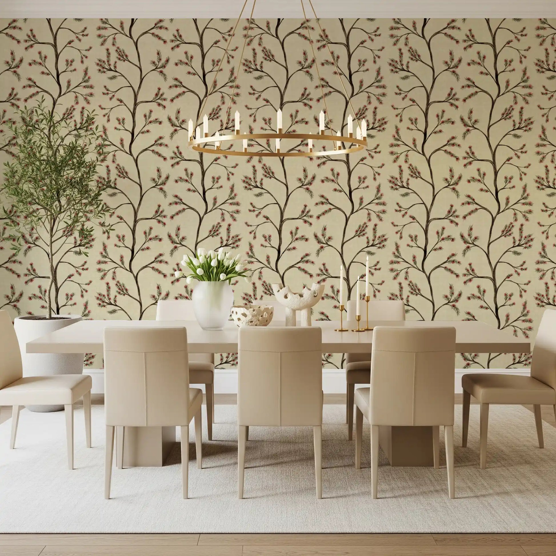 Asian Floral Branches on Antique Linen Wallpaper⁠