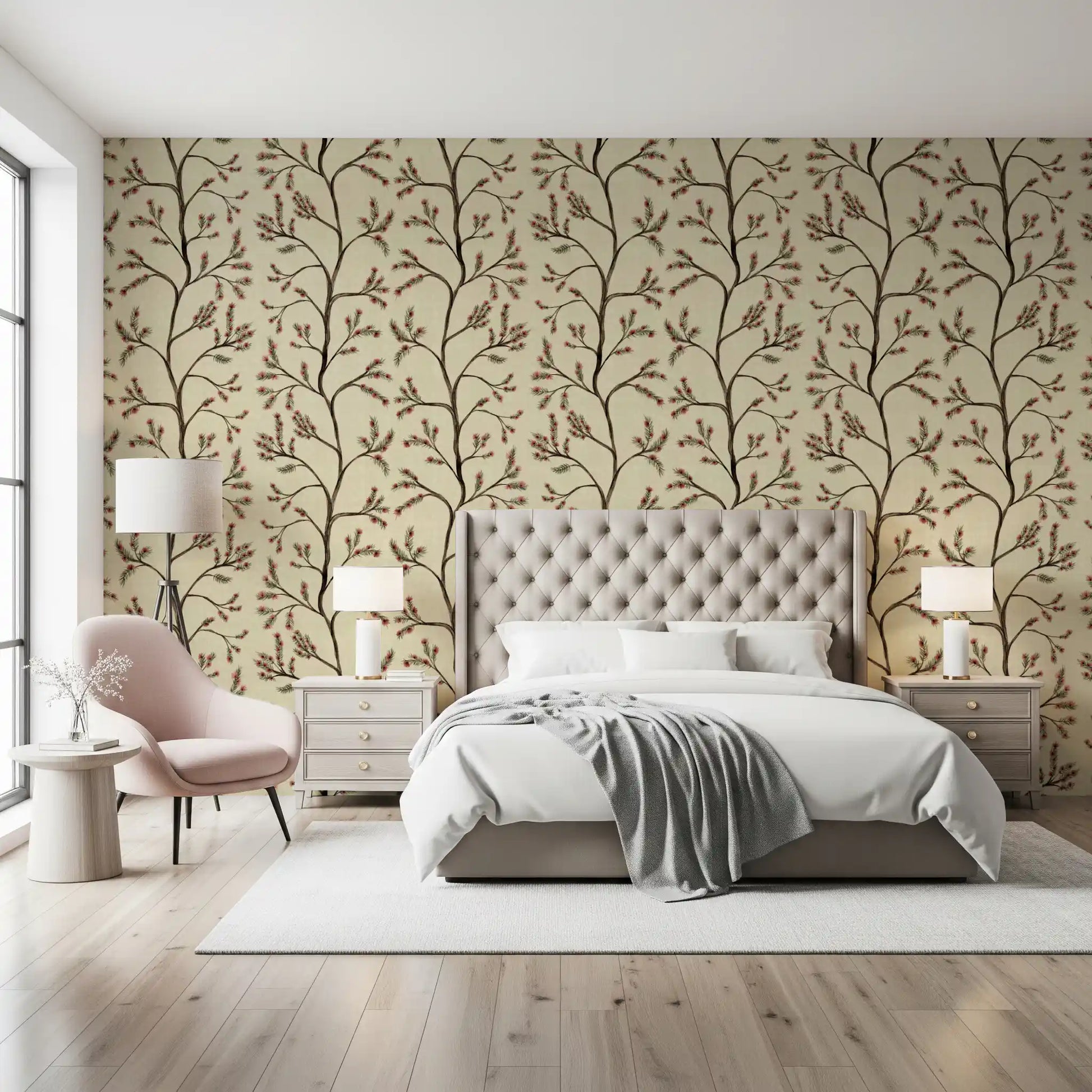 Asian Floral Branches on Antique Linen Wallpaper⁠