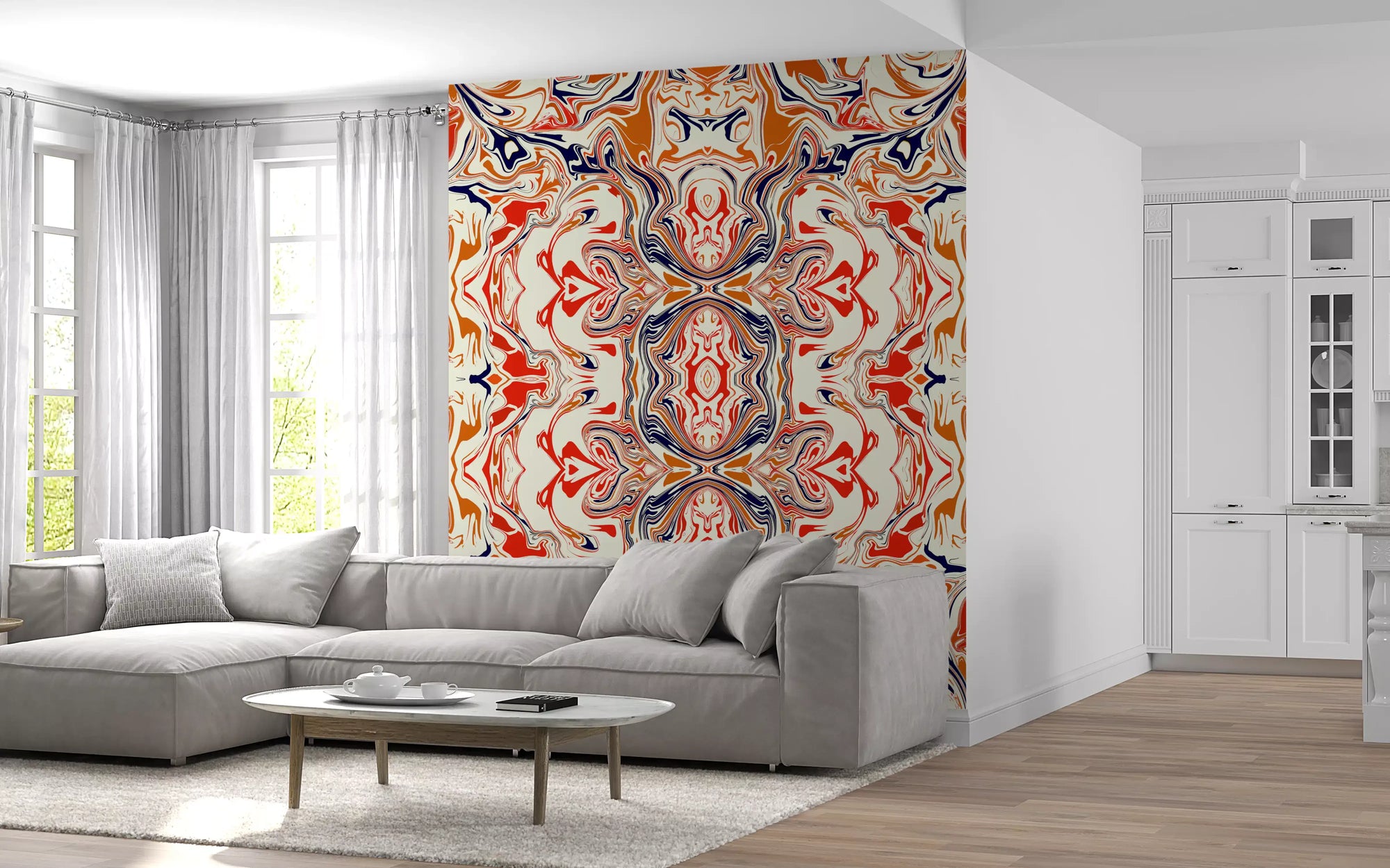 Mirrored orange and red ornamental marble wall mural with navy swirls in living room GD11497