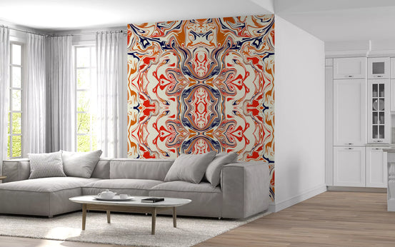 Mirrored orange and red ornamental marble wall mural with navy swirls in living room GD11497