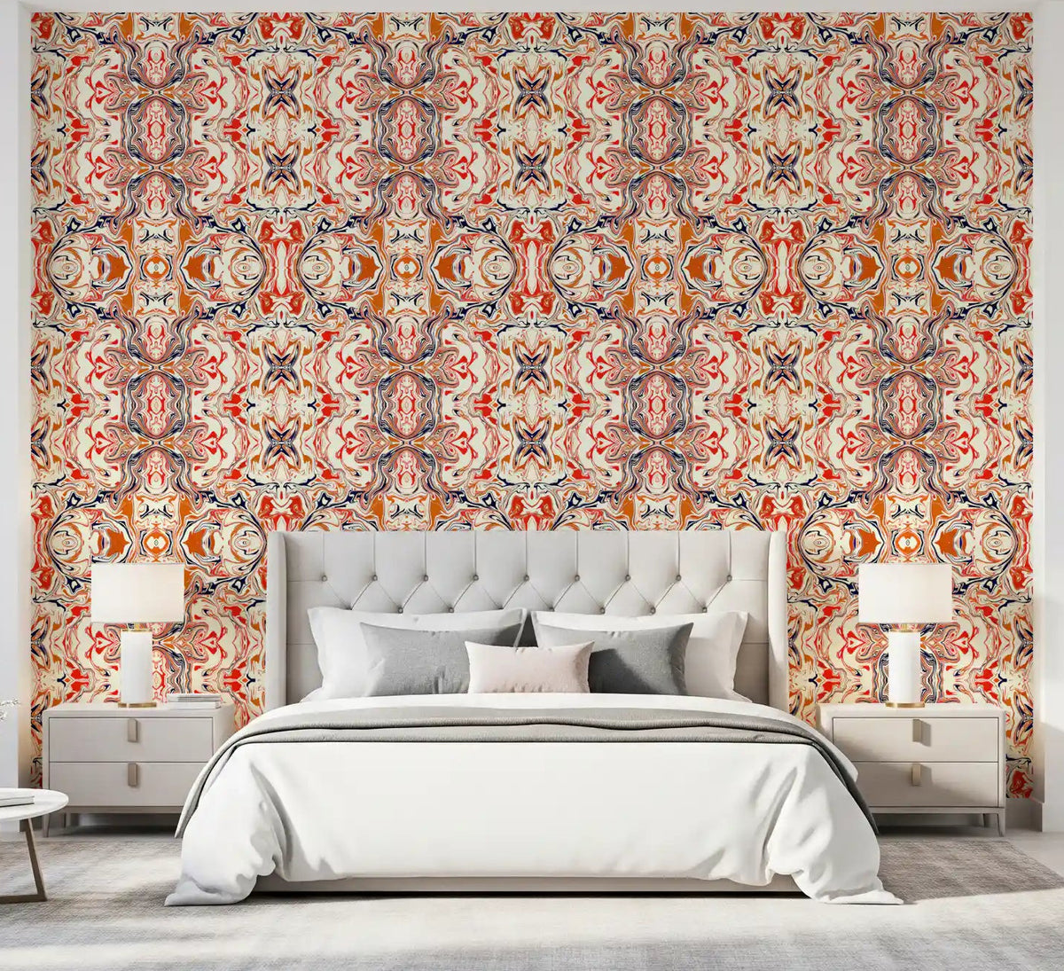 Mirrored orange and ivory ornamental marble wallpaper with red and navy swirls in bedroom GD11498