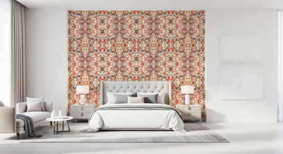 Orange & Ivory Contemporary Ornamental Tile - ANDORRA Wallpaper