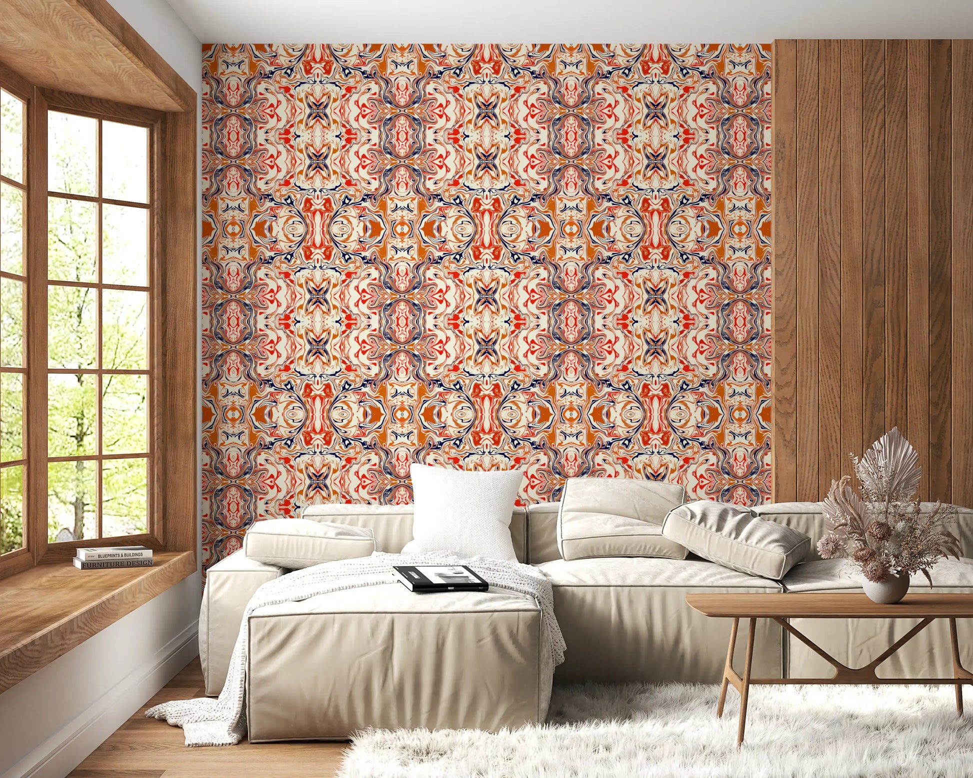 Orange & Red Contemporary Ornamental Tile - ANDORRA Wallpaper