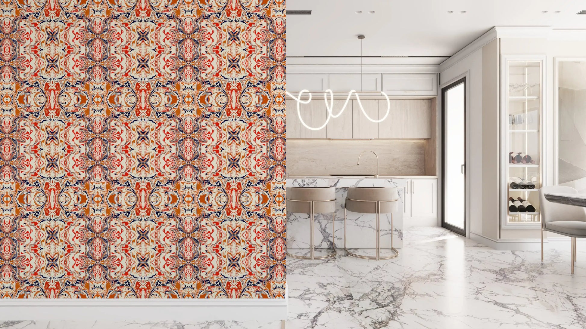 Orange & Red Contemporary Ornamental Tile - ANDORRA Wallpaper