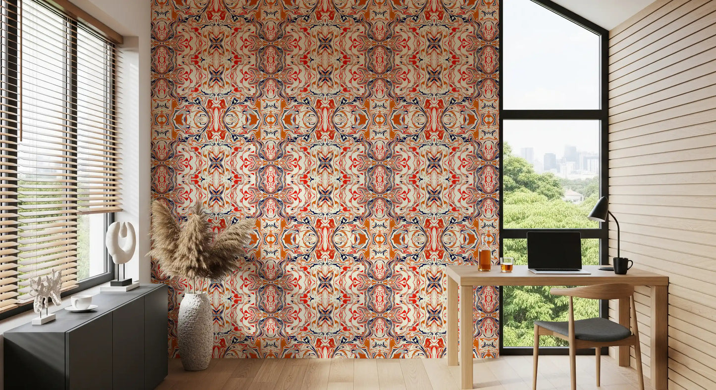 Orange & Red Contemporary Ornamental Tile - ANDORRA Wallpaper