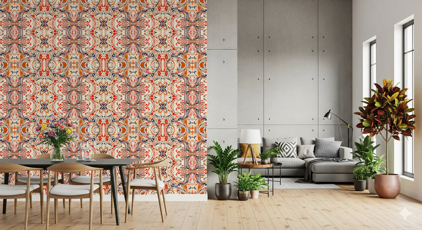 Orange & Red Contemporary Ornamental Tile - ANDORRA Wallpaper
