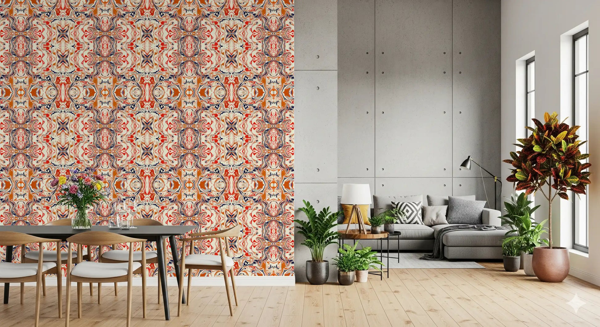 Orange & Red Contemporary Ornamental Tile - ANDORRA Wallpaper