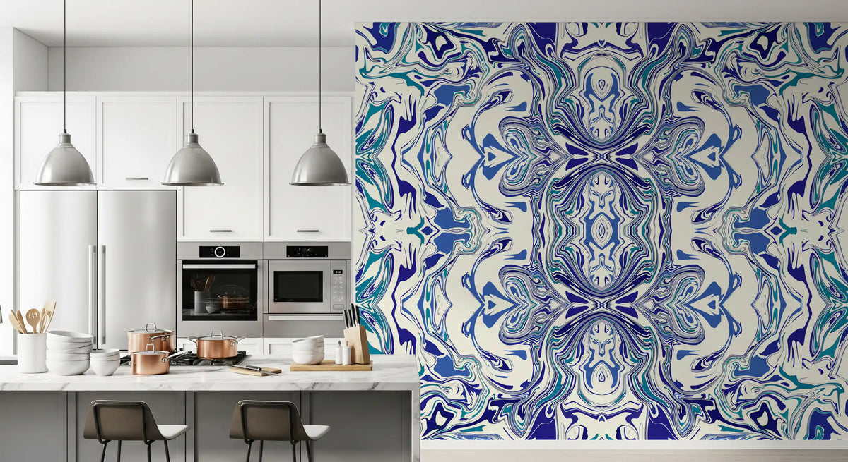 Mirrored blue and teal ornamental marble wall mural with indigo swirls GD11499