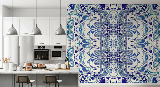 Mirrored blue and teal ornamental marble wall mural with indigo swirls GD11499