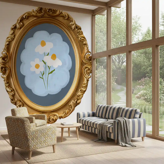 Gold frame daisy wall mural with three white blooms and yellow centres GD11500