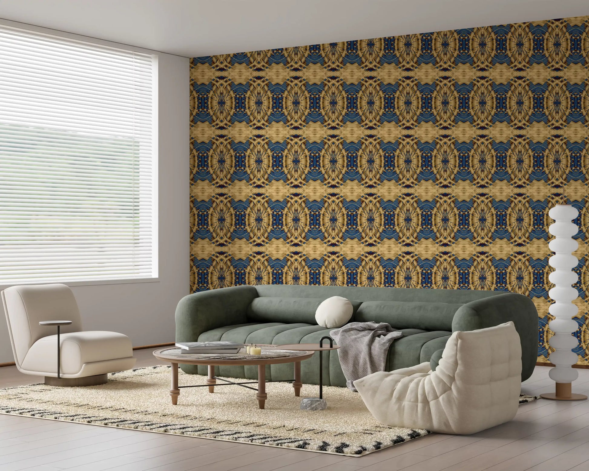 Cobalt Blue & Yellow Retro Geometric Medallion - MOSQUITO  Wallpaper⁠
