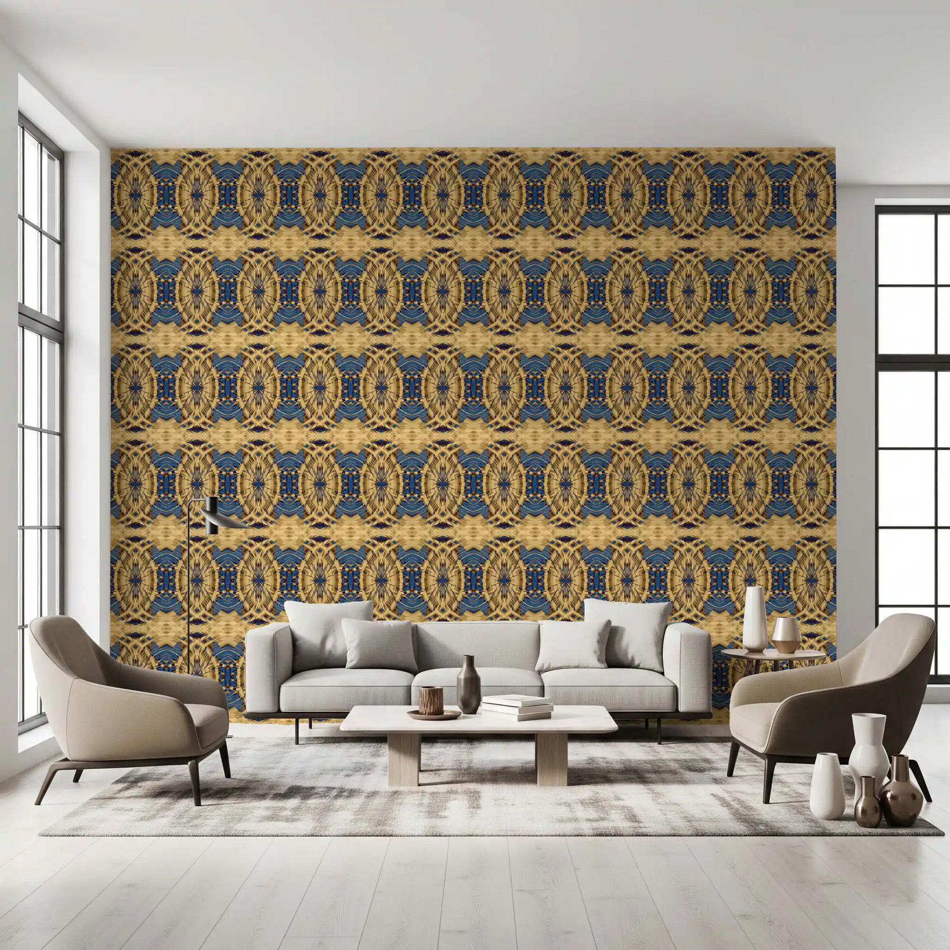 Cobalt Blue & Yellow Retro Geometric Medallion - MOSQUITO  Wallpaper⁠