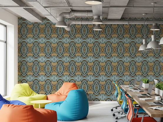 Blue grey and camel medallion wallpaper on a calm office wall GD11503