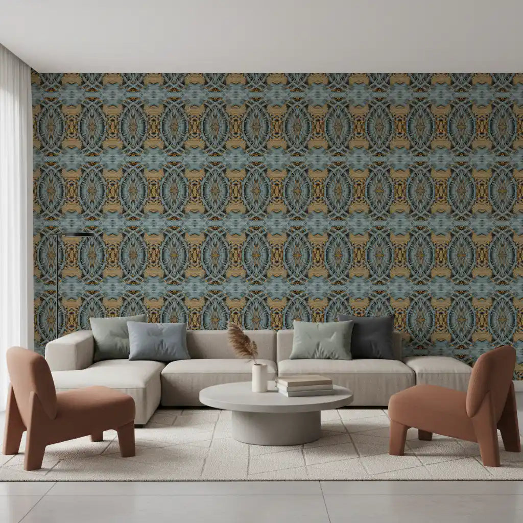 Blue Gray & Camel Retro Geometric Medallion - MOSQUITO Wallpaper⁠