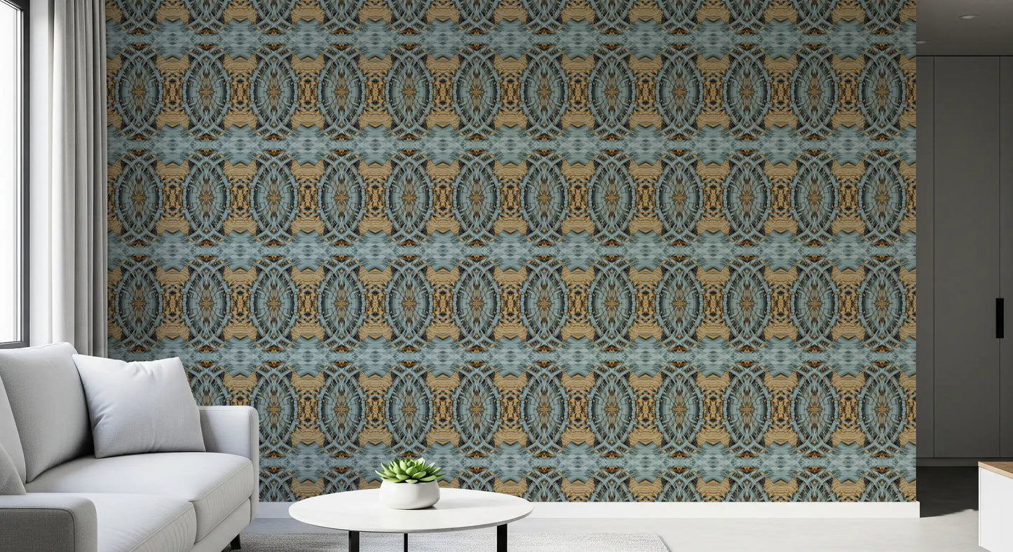 Blue Gray & Camel Retro Geometric Medallion - MOSQUITO Wallpaper⁠
