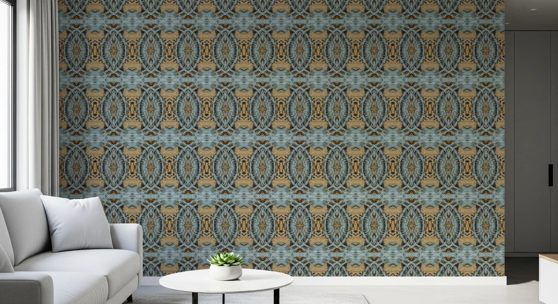 Blue Gray & Camel Retro Geometric Medallion - MOSQUITO Wallpaper⁠