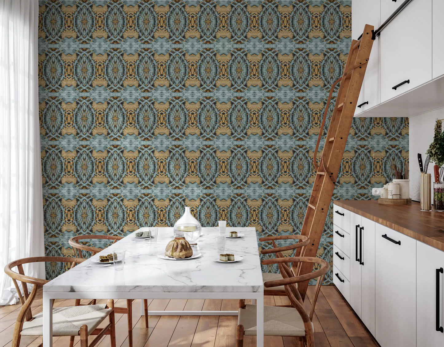 Blue Gray & Camel Retro Geometric Medallion - MOSQUITO Wallpaper⁠