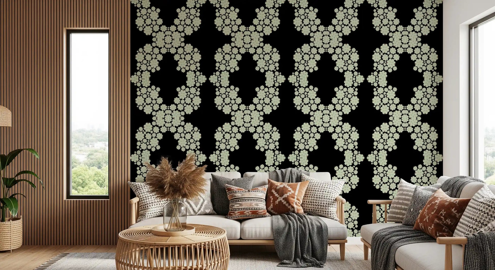 Black & Ivory Diamond Floral Lattice – CARDAMINE Wallpaper⁠