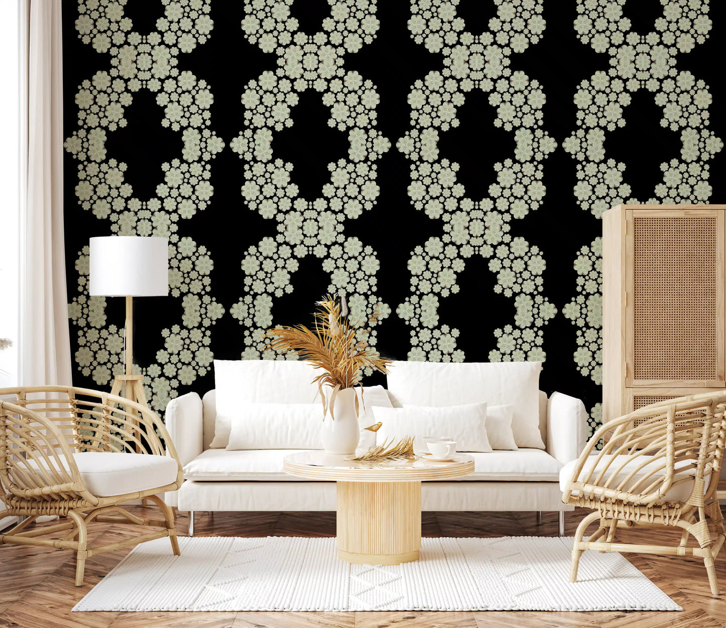 Black & Ivory Diamond Floral Lattice – CARDAMINE Wallpaper⁠