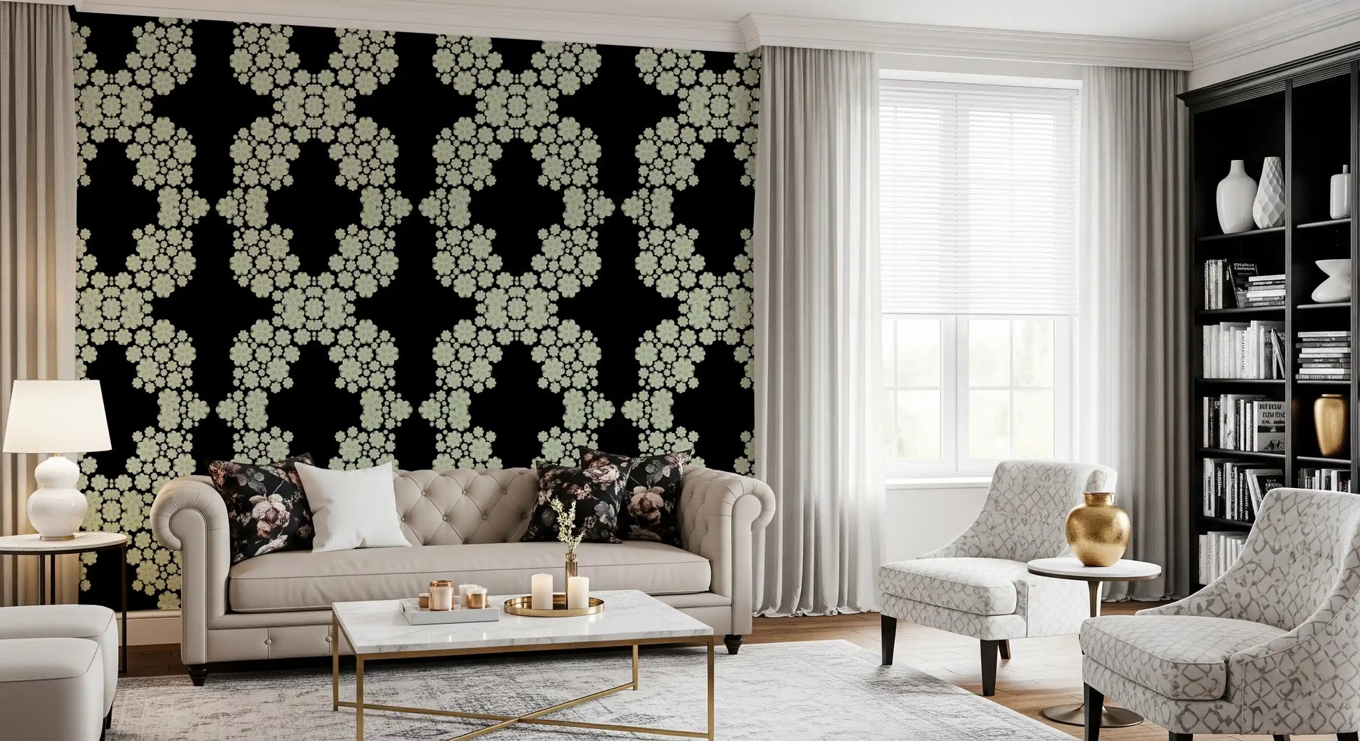 Black & Ivory Diamond Floral Lattice – CARDAMINE Wallpaper⁠