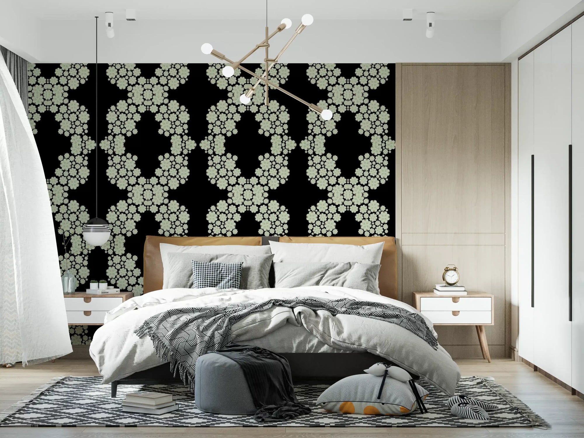 Black and ivory diamond floral trellis wallpaper with cream lace-like blooms in bedroom GD1150