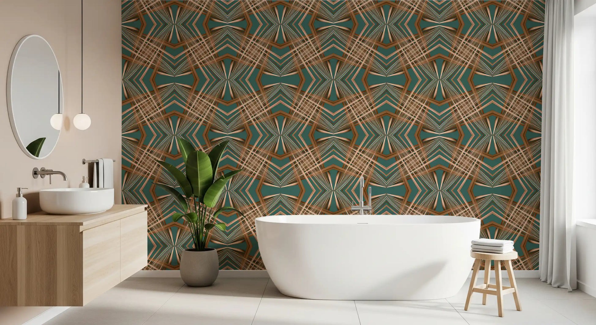 70s Retro Teal and Copper Geometric Lattice - OCTOBER Wallpaper⁠