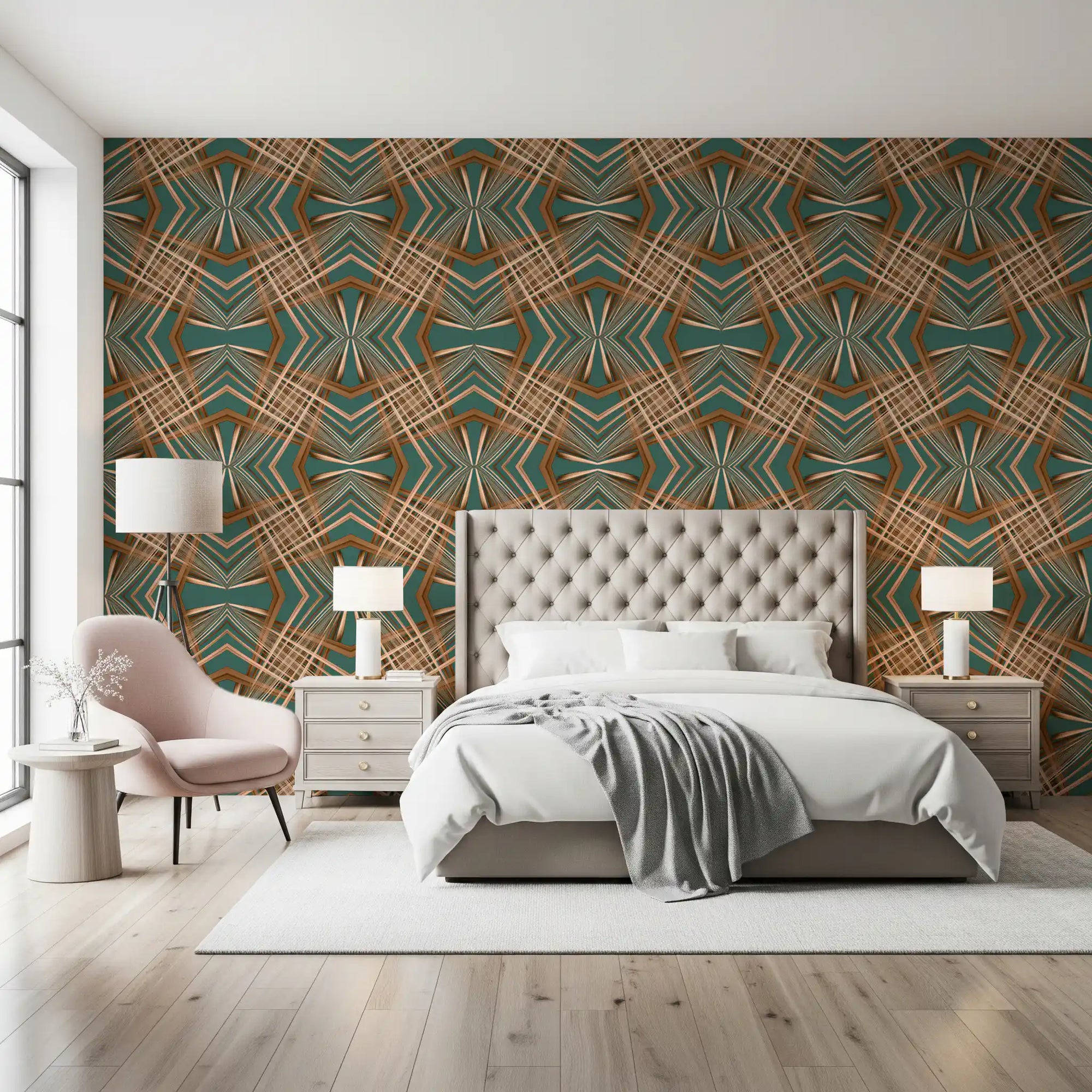 70s Retro Teal and Bronze Geometric Lattice - OCTOBER Wallpaper⁠