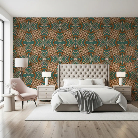 Teal and bronze geometric lattice wallpaper with mirrored diamond and chevron linework in bedroom GD11505