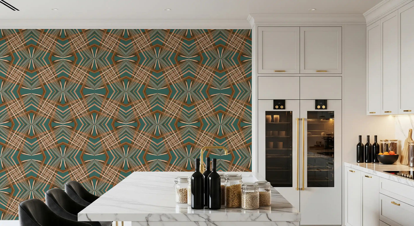 70s Retro Teal and Copper Geometric Lattice - OCTOBER Wallpaper⁠