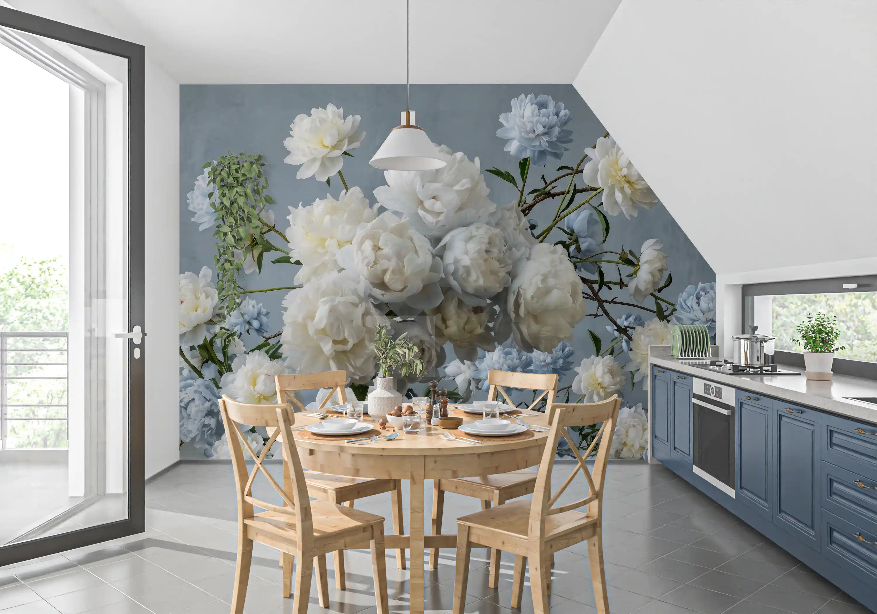 Blue and white peony floral wall mural with cream and ivory blooms in dining room GD11506