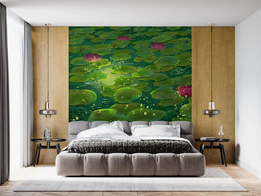 Green lily pond wall mural with pink water lilies and floating pads in bedroom GD11509