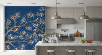 Pink Blossoms - Blue Background Wall Mural