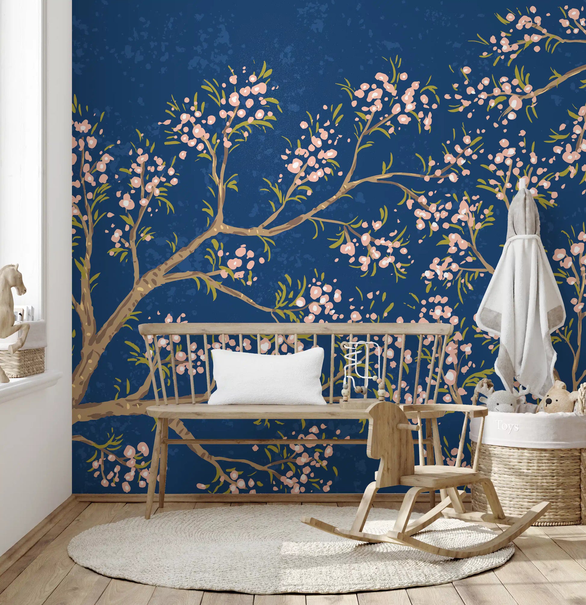 Pink Blossoms - Blue Background Wall Mural