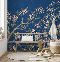 Pink Blossoms - Blue Background Wall Mural