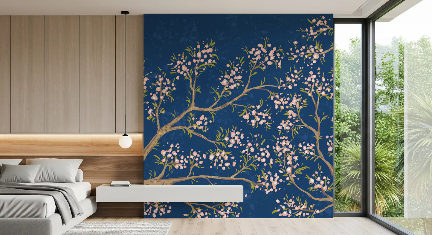 Pink Blossoms - Blue Background Wall Mural