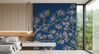 Pink Blossoms - Blue Background Wall Mural