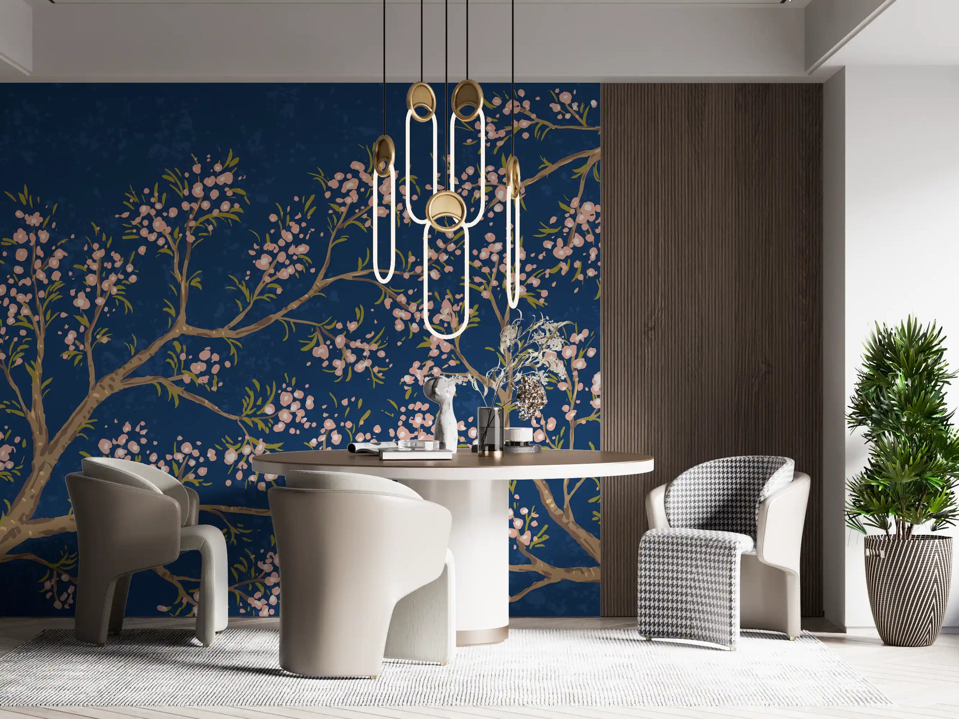 Pink Blossoms - Blue Background Wall Mural