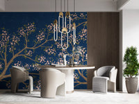 Pink Blossoms - Blue Background Wall Mural