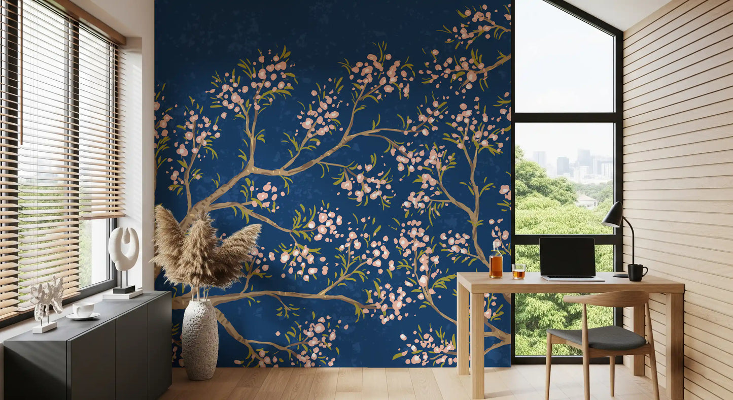 Pink Blossoms - Blue Background Wall Mural