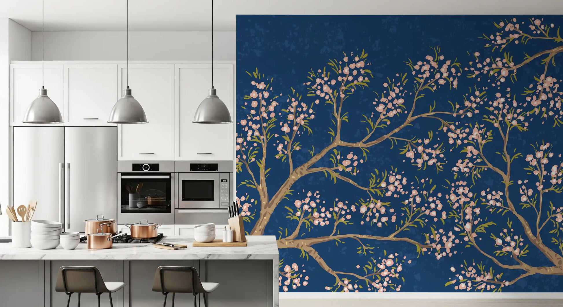 Pink Blossoms - Blue Background Wall Mural