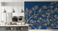 Pink Blossoms - Blue Background Wall Mural
