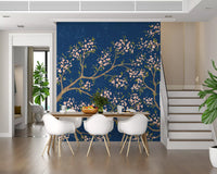Pink Blossoms - Blue Background Wall Mural